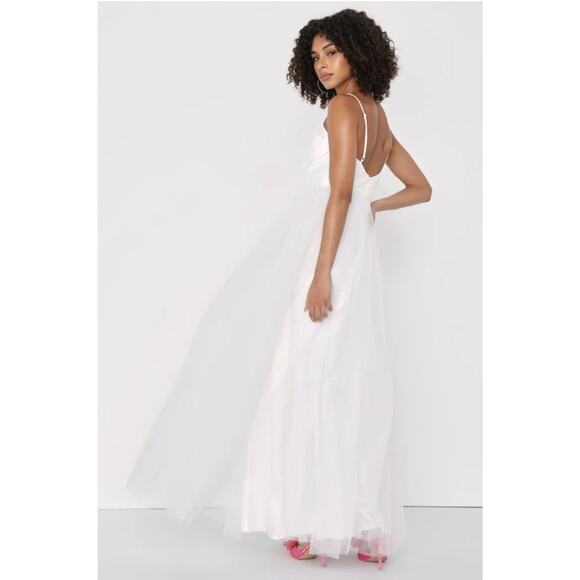Lulus-Spellbinding Beauty White Glitter Sleeveless Tulle Gown - Picture 3 of 4